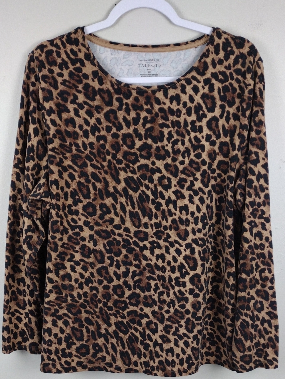 Talbots The Talbots Tee Brown Leopard Print Scoop Neck Long Sleeve Pullover Top